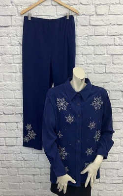 QUACKER FACTORY WOMEN'S 2 PIECE BLUE SNOWFLAKE PRINT TOP PANTS OUTFIT SET SIZE M - Image 1 of 4