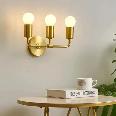 Modern Brushed Brass Wall Sconce – 3-Light Gold Vanity Fixture for Bathroom, Hal - Image 1 of 4