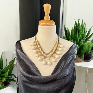 Vintage Statement Necklace White Faceted Bead & Gold Tone Chain Layered Bib - Picture 1 of 5