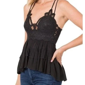 Zenana Lace Cami Tank SMALL V-Neck Crochet Peplum Tiered Ruffle Feminine Chic - Picture 1 of 9