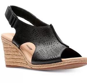 Clarks Women's Lafley Rosen Sandal Size 7 Wedge Slingback Black Leather - Picture 1 of 8