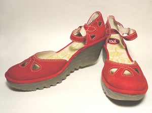 Worn Once FLY LONDON Red Suede WEDGES/SHOES Stitching Detail ANKLE STRAP 40-9US - Picture 1 of 5