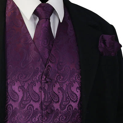 Dark Purple Paisley Tuxedo Suit Dress Vest Waistcoat & Neck tie & Hankie 20FF - Image 1 of 4