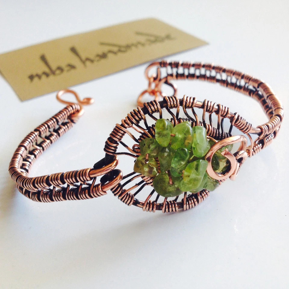 Women's Peridot Crystals Wire Wrapped Copper Cuff - Unique Handmade Jewelry - Image 1 of 4