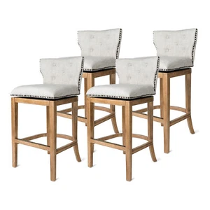Maven Lane Hugo Bar Stool in Weathered Oak with Sand Fabric Upholstery, Set of 4 - Picture 1 of 6