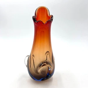 Vintage Hand Blown Murano 5 Finger Swung 10" Vase Orange to Blue - Picture 1 of 7