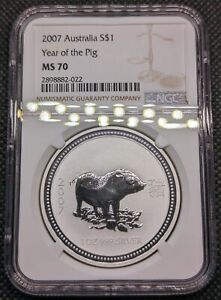 2007 Australia Lunar Year of the Pig. NGC MS70. 1 oz Pure Silver.