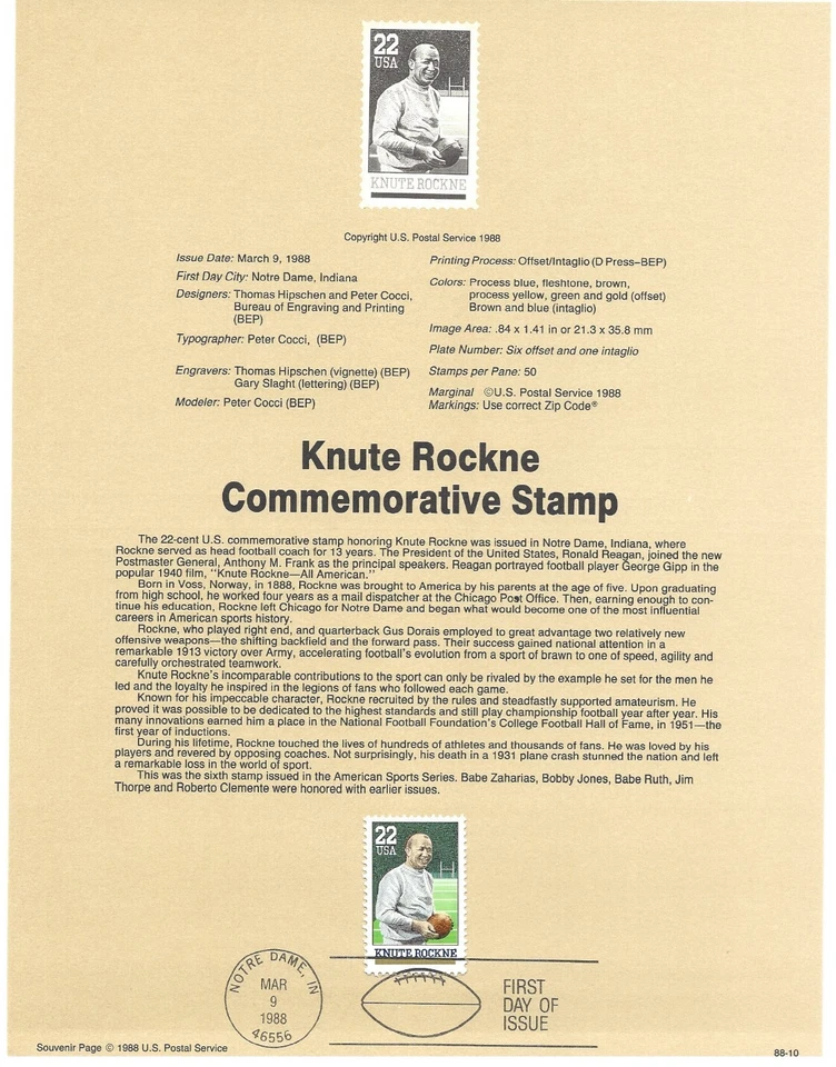 USPS Souvenir First Day Of Issue Commemorative Stamp 3/9/88 knute Rockne 22c - Image 1 of 1