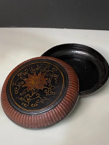 CHINESE ANTIQUE BAMBOO LACQUER LOTUS FLOWER 6.5" ROUND SEWING BASKET BOX Cover