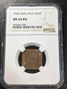 1943 MS64 BN Malaya Cent NGC UNC KM 6 King George VI - Picture 1 of 2