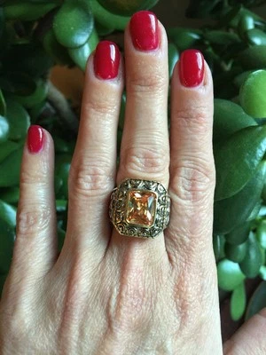 NUEVO "inspirado en el diseñador" Topacio Ámbar Circonita cúbica Anillo 2 Tonos Detalle talla 7 Foto 1 de 4