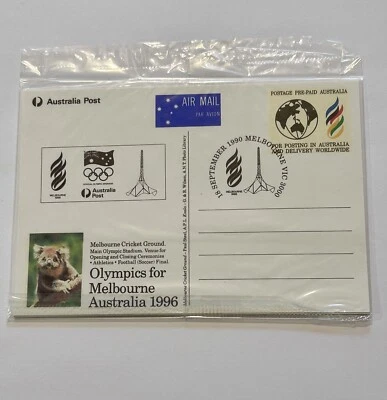 Cartões postais pré-pagos dos Jogos Olímpicos de Melbourne 1996 1990 conjunto de 3 lacrados - Imagem 1 de 4