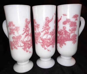 Vintage Milk Glass With Red Toile Design Footed Demitasse Cups Set of 3 Avon - Picture 1 of 5