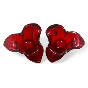 Duncan & Miller Ruby Red #71 American Way Leaf Candle Holders Set of 2 Exc Cond - Picture 1 of 5