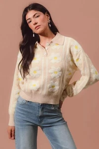 SO ME Pullover mit Blumenstreifen und Polokragen - Bild 1 von 10
