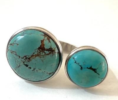 Hermoso Anillo Modernista de Plata de Ley Grande Doble Matriz Turquesa Puño Talla S Foto 1 de 4