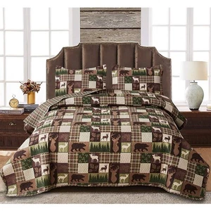 Reversible Moose Bear Quilt King Size Rustic Cabin Bedding Set - Picture 1 of 7