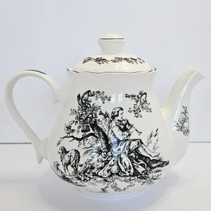 Tabletops Unlimted New England Toile Black Teapot Tea Pot Landscape Flute Picnic - Picture 1 of 18