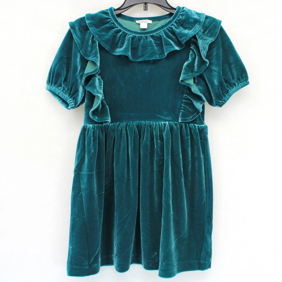 Vestido J.Crew Terciopelo Verde Esmeralda Niños Navidad Vacaciones Volantes Talla 7 Años Foto 1 de 4