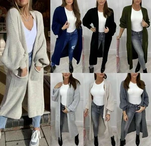 Women's Ladies Chunky Knitted Oversized Balloon Sleeve Long Jumper Maxi Cardigan - Picture 1 of 42