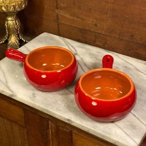 De Silva Pottery Soup Bowl w/ Handle Made in Italy Red Terracotta ~ Set of 2 - Picture 1 of 13