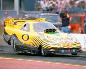 SCOTTY CANNON YELLOW OAKLEY FUNNY CAR RACING ON TRACK 8X10 GLOSSY PHOTO #7Z - Picture 1 of 1