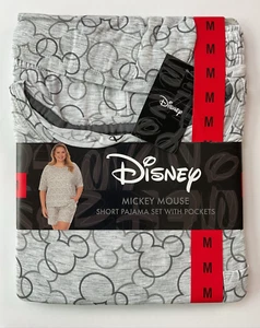 Disney Ladies' 2 Piece Mickey Mouse Tee & Short Pajama Set w/Pockets, Gray, M - Picture 1 of 6