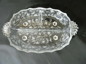 Plato Fostoria Dividido Relish Grabado Chintz Floral Elegante Vidrio Ovalado 12.5" - Imagen 1 de 4