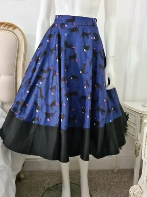 Impresionante Falda Lindy Bop Negra Azul Marino Halloween Estampado Gatos Talla 12 Rockabilly Foto 1 de 2