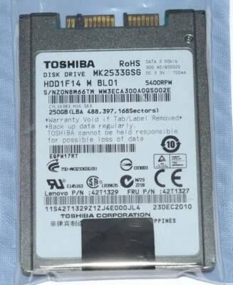 Toshiba 250GB Internal 5400RPM 1.8" MK2533GSG MICROSATA HDD 577990-001 - Image 1 of 4