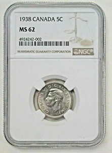 1938 CANADA 5 Cent NGC MS62  KM#33 Bright uncirculated  - Picture 1 of 4