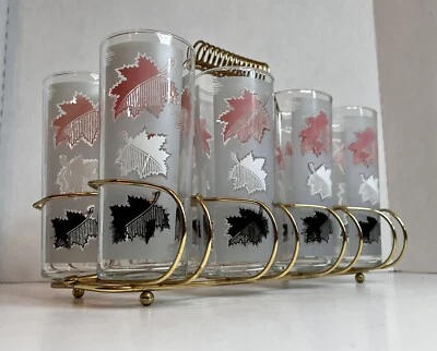 Mid Century LIBBEY Set of 7 Glasses W/ Atomic Holder PINK WHITE BLACK Leaves Vtg - Image 1 of 4