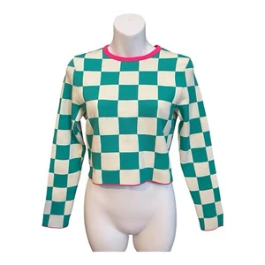 Zara Top Damen Grün Weiß Kariert Strick Cropped Langarm Retro 70er - Bild 1 von 3