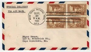 1934 NATIONAL PARKS FDC 743 MESA VERDE COLORADO AIRMAIL SPECIAL DELIVERY BLOCK - Picture 1 of 1