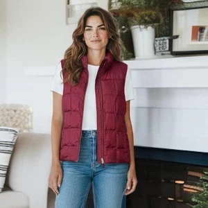 Lands' End Vest Womens Small 6-8 Burgundy Herringbone Puffer Quilted Full Zip - Picture 1 of 10