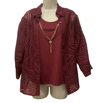 Alfred Dunner Petite 10P Burgundy Burnout Top Tank Necklace Set Floral - Image 1 of 4