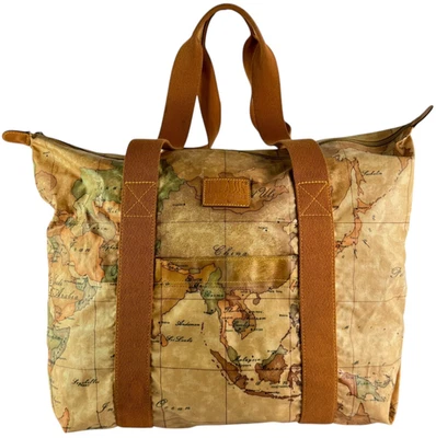 Bolsa de ombro ALVIERO MARTINI mapa do mundo lona bronzeada feita na Itália - Imagem 1 de 4