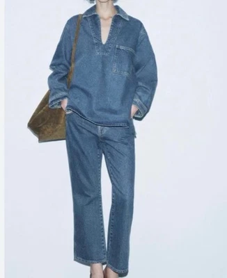 ZARA Top Denim Blue Vintage Look Oversized 90s Pocket Women M New 8307/248 - Image 1 of 4