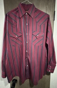Vintage Plains Western Wear Pearl Snap Shirt Stripe With Burgundy~M - Picture 1 of 4