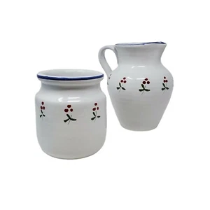 Vintage Made in Italy Weiß & Blau Kirsche Beere Keramik Krug & Utensil 2er Set - Bild 1 von 8