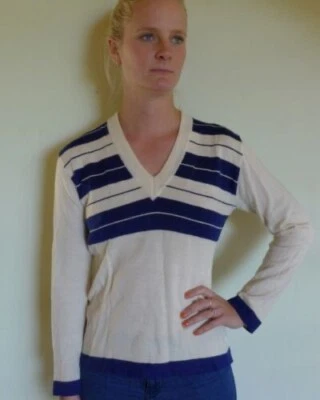 Vintage 60s unused 12 M cream blue stripe wool knit v neck jumper ‘Carlton' - Image 1 of 4