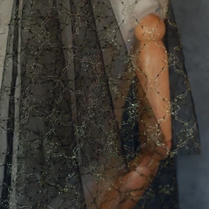 Gold Thread Mesh Lace Fabric DIY Costume Cloth Wedding Stage Table Curtain Prob - Picture 1 of 17