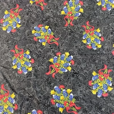 Cotton Paisley Black BG  Flowers Floral Red Blue Fabric Print 2+ yd x 43" W - Image 1 of 4