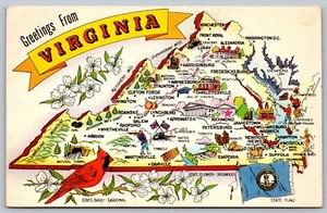 Tarjeta postal mapa ilustrado saludos desde Virginia VA Old Dominion 1960 cromo F16 - Imagen 1 de 3