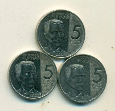 3 DIFFERENT 5 PESO COINS from the PHILIPPINES (2017, 2018 & 2019) - Image 1 of 2