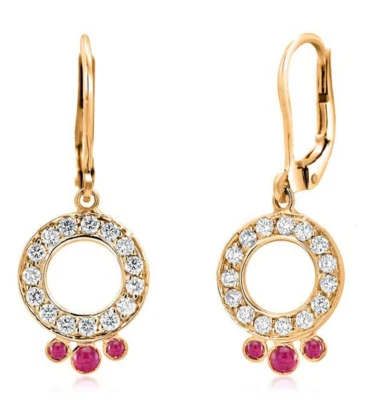 0.80ct Natural Round Diamond 14k BIS Hallmarked Yellow Gold Ruby DanglerEarrings - Image 1 of 4