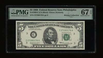 DBR 1969 $5 FRN Philadelphia Fr. 1969-C Superb Gem PMG 67 EPQ Serial C27280176A - Image 1 of 2
