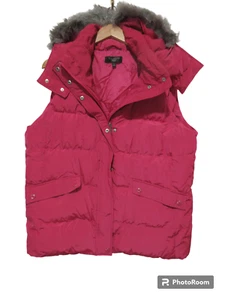 Sz 1X Talbots Down Filled Puffer Vest Zip Up Faux Fur Trim Removable Hood Pink - Picture 1 of 17