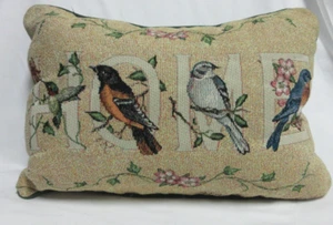 Birds w/ Words "Home" BIRDS Flowers, Small Tapestry Pillow Signed N.J. SHUMAKER - Picture 1 of 8