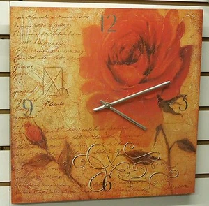 LARGE 16" SQUARE POSTER BOARD WALL CLOCK - DISPLAYING A LARGE ROSE - Picture 1 of 4